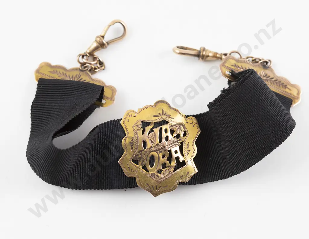 NZ Colonial 9ct Mounted Black Ribbon Braid Watch Fob Image 1++
