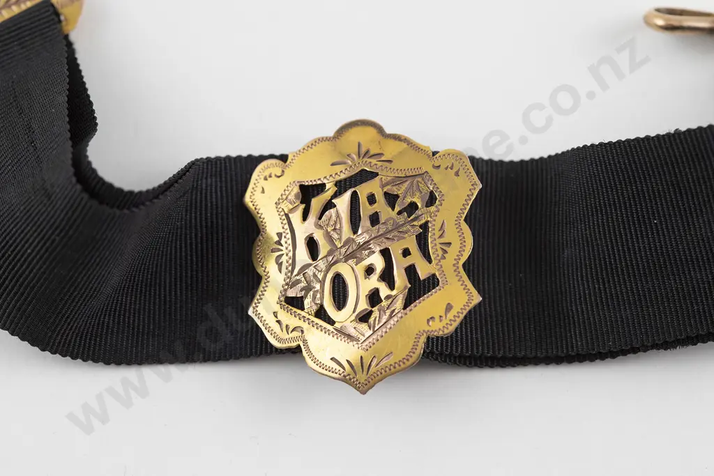 NZ Colonial 9ct Mounted Black Ribbon Braid Watch Fob Image 1++
