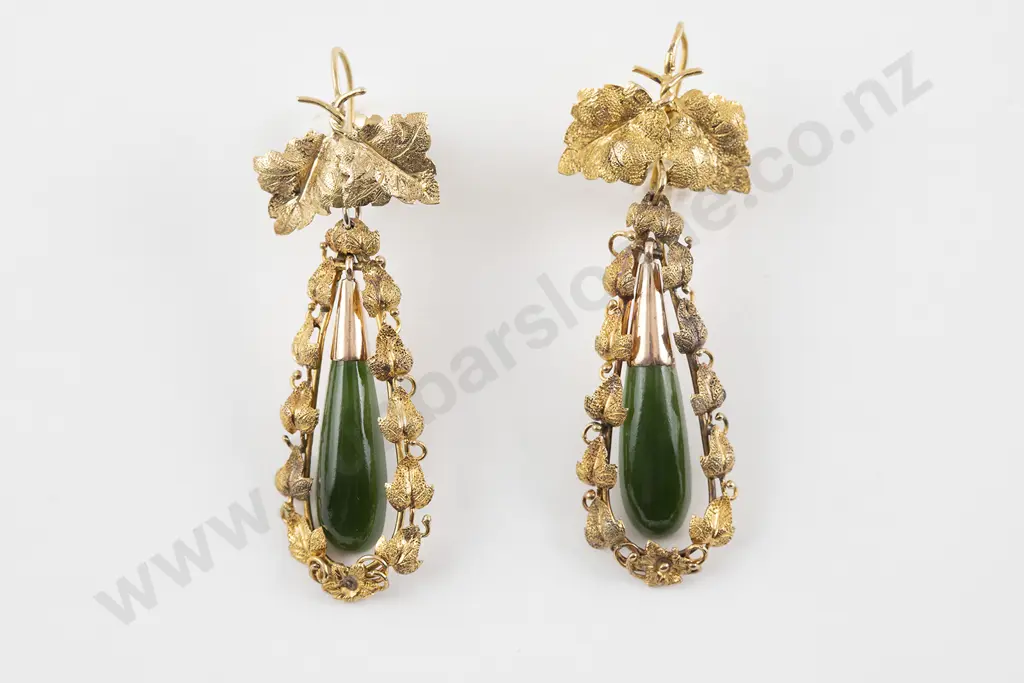 Victorian Gold Greenstone Pendant Drop Earrings Image 1++