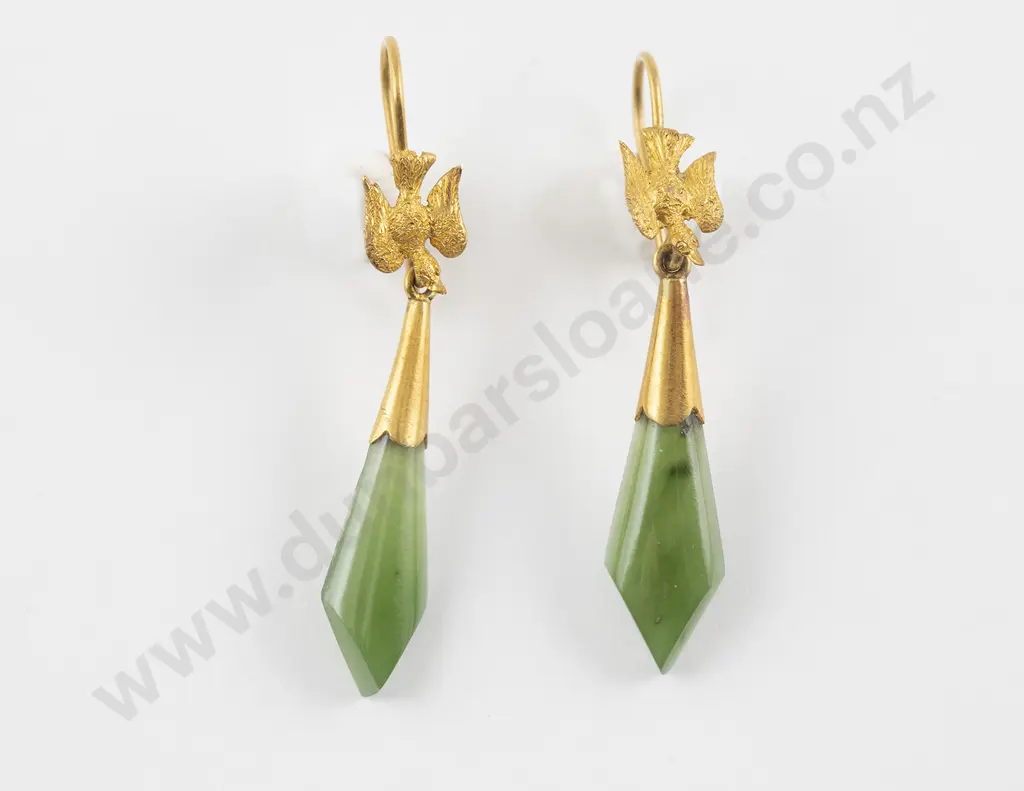 Victorian Gold Greenstone Pendant Drop Earrings Image 1++
