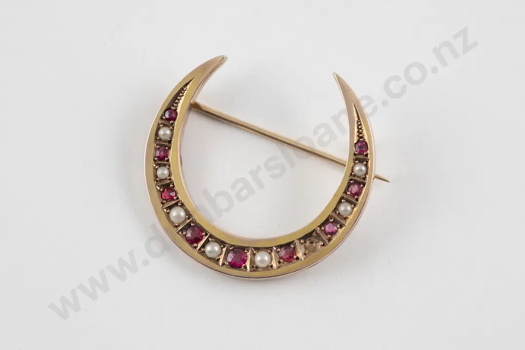 Possible NZ Colonial  9ct 17stone Ruby Doublet and Half Pearl Crescent Brooch Image 1++
