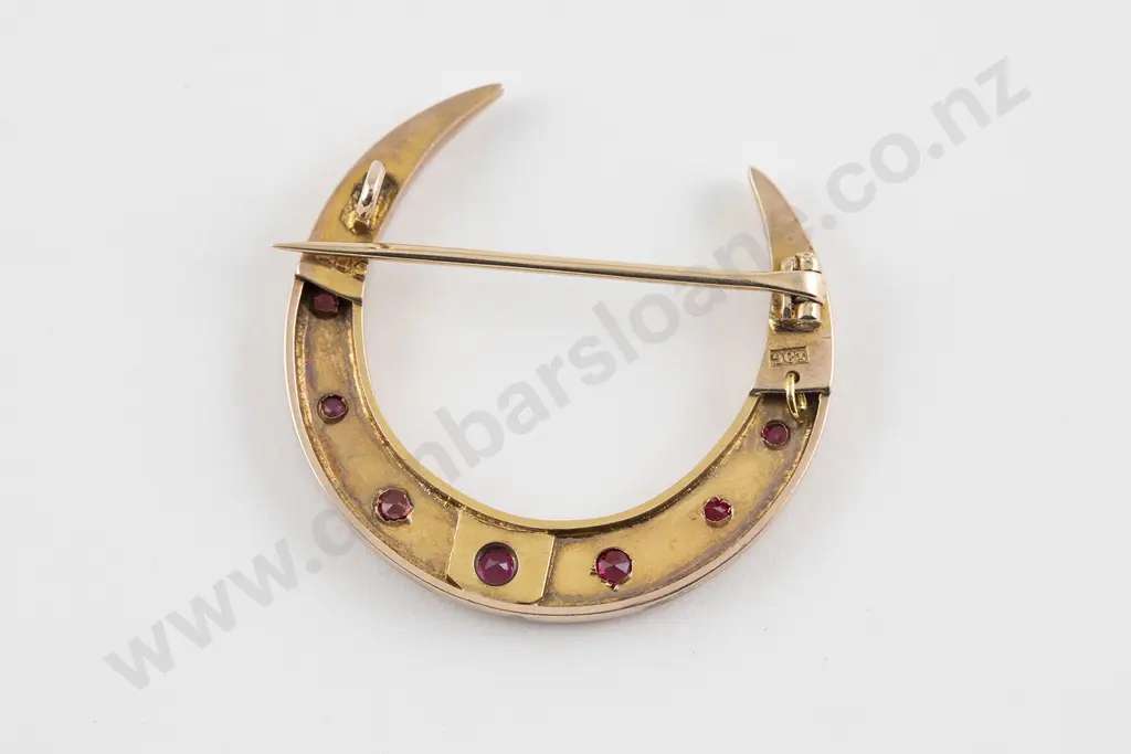 Possible NZ Colonial  9ct 17stone Ruby Doublet and Half Pearl Crescent Brooch Image 1++