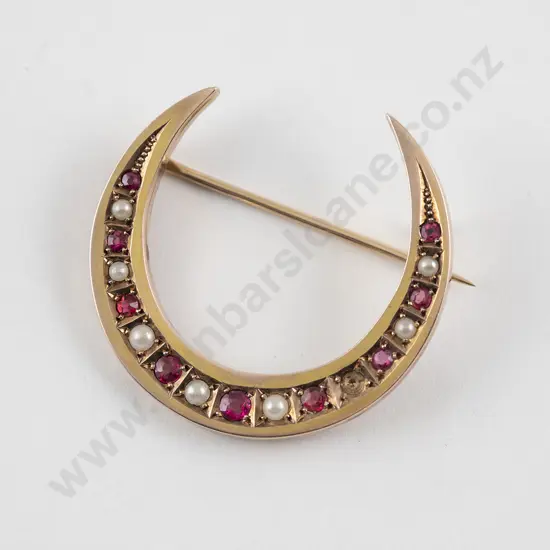 Possible NZ Colonial  9ct 17stone Ruby Doublet and Half Pearl Crescent Brooch