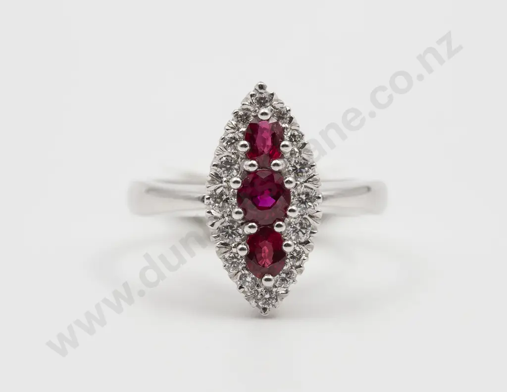 18ct White Gold 19stone Ruby and Diamond Marquise Cluster Ring Image 1++