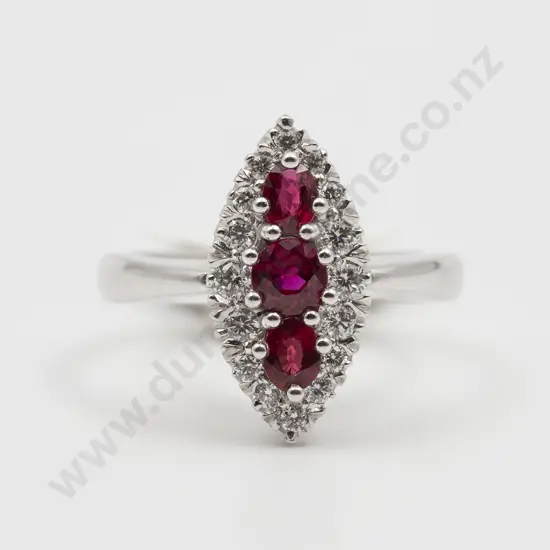 18ct White Gold 19stone Ruby and Diamond Marquise Cluster Ring