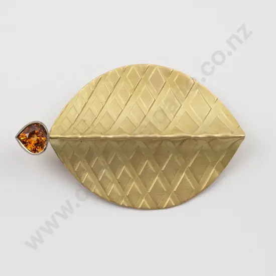 18ct Yellow & White Gold Single Natural Spessartine Garnet Leaf Brooch