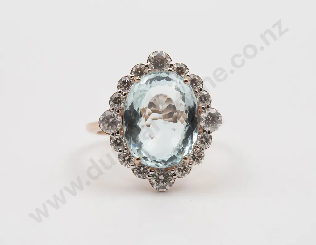 14ct Rose and White Gold 17stone Aquamarine and Diamond Cluster Ring Image 1++