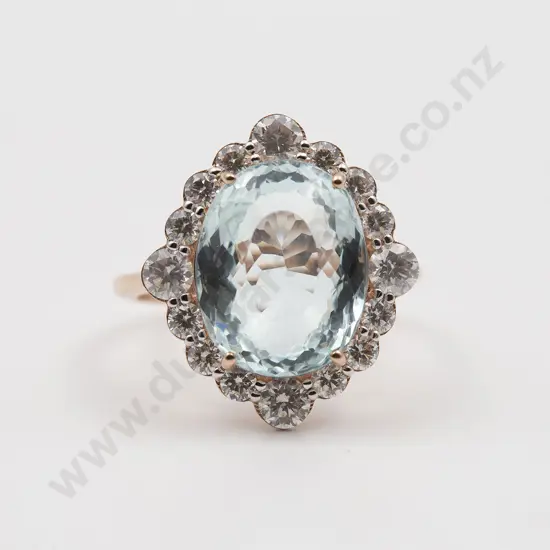 14ct Rose and White Gold 17stone Aquamarine and Diamond Cluster Ring