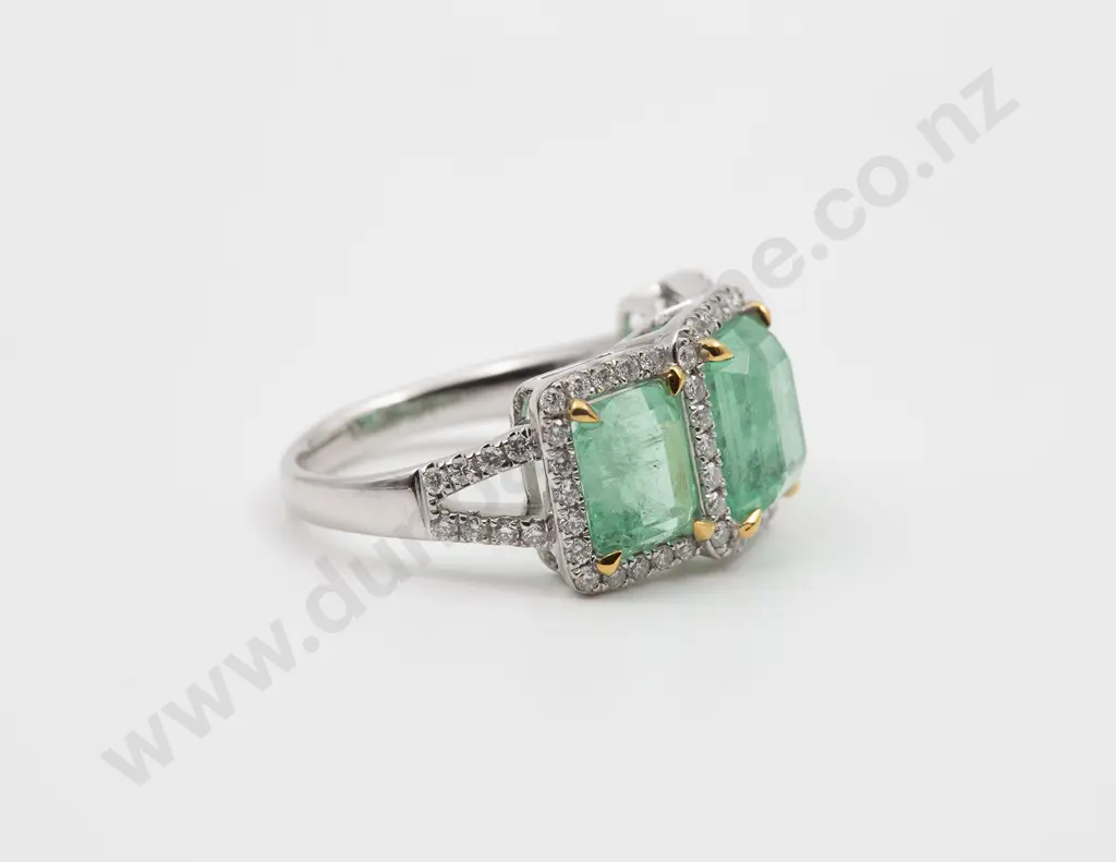 14ct White & Yellow Gold Columbian Emerald and Diamond Bridge Ring Image 1++