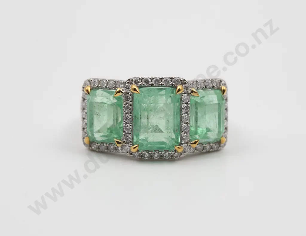 14ct White & Yellow Gold Columbian Emerald and Diamond Bridge Ring Image 1++