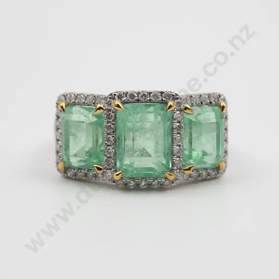 14ct White & Yellow Gold Columbian Emerald and Diamond Bridge Ring