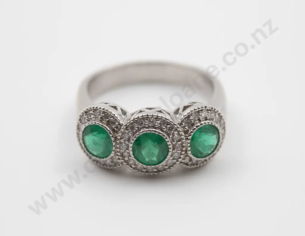 14ct White Gold Emerald and Diamond Triple Cluster Ring Image 1++