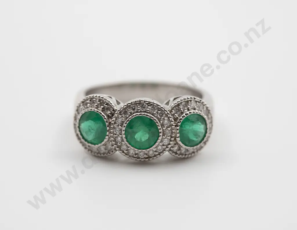 14ct White Gold Emerald and Diamond Triple Cluster Ring Image 1++