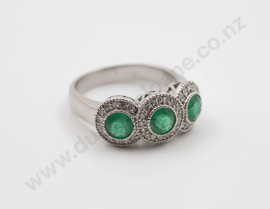 14ct White Gold Emerald and Diamond Triple Cluster Ring Image 1++