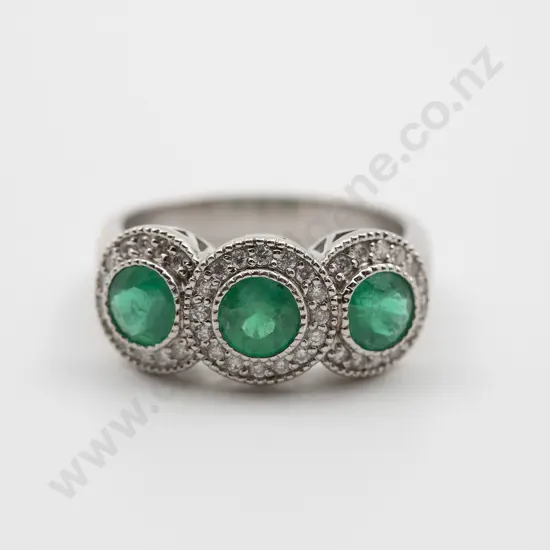 14ct White Gold Emerald and Diamond Triple Cluster Ring
