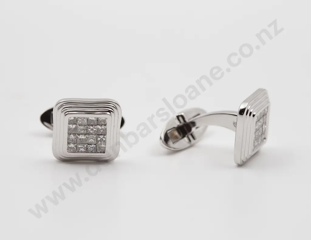 Pair 18ct White Gold Diamond Cuff Links Image 1++