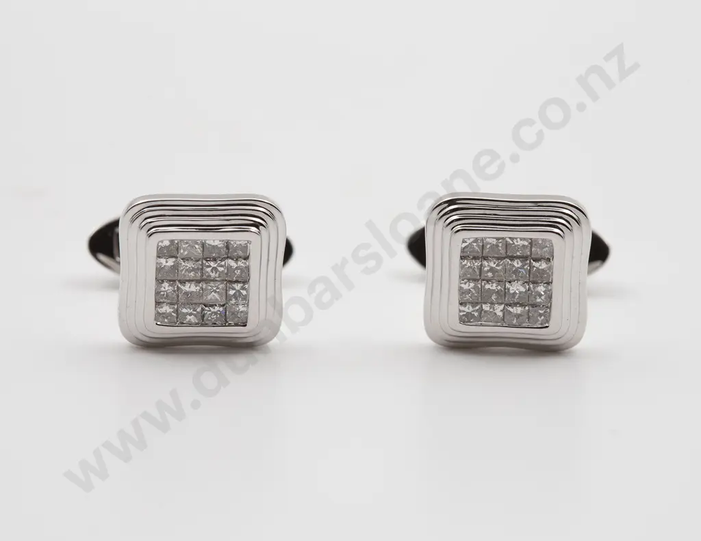 Pair 18ct White Gold Diamond Cuff Links Image 1++