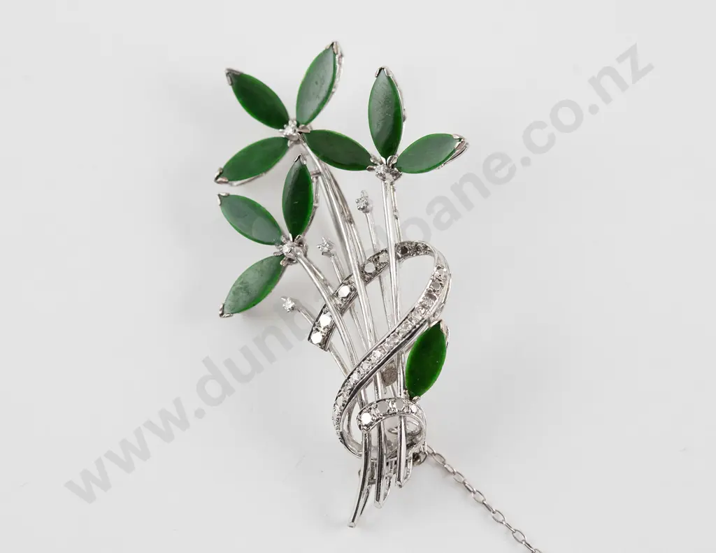 14ct White Gold Jade and Diamond Floral Spray Brooch Image 1++