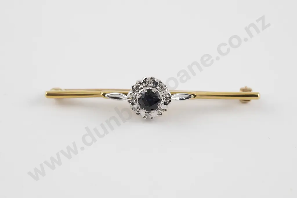 18ct Nine Stone Sapphire and Diamond Cluster Bar Brooch Image 1++