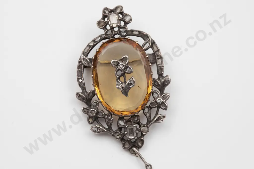 Late C19th European SIlver Citrine and Diamond Brooch Image 1++