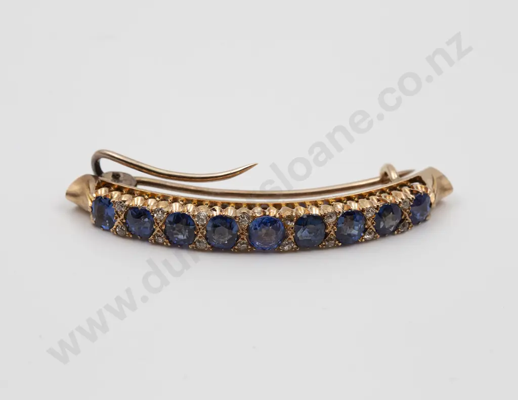 Edwardian 18ct Burmese Sapphire and Diamond Curve Bar Brooch Image 1++