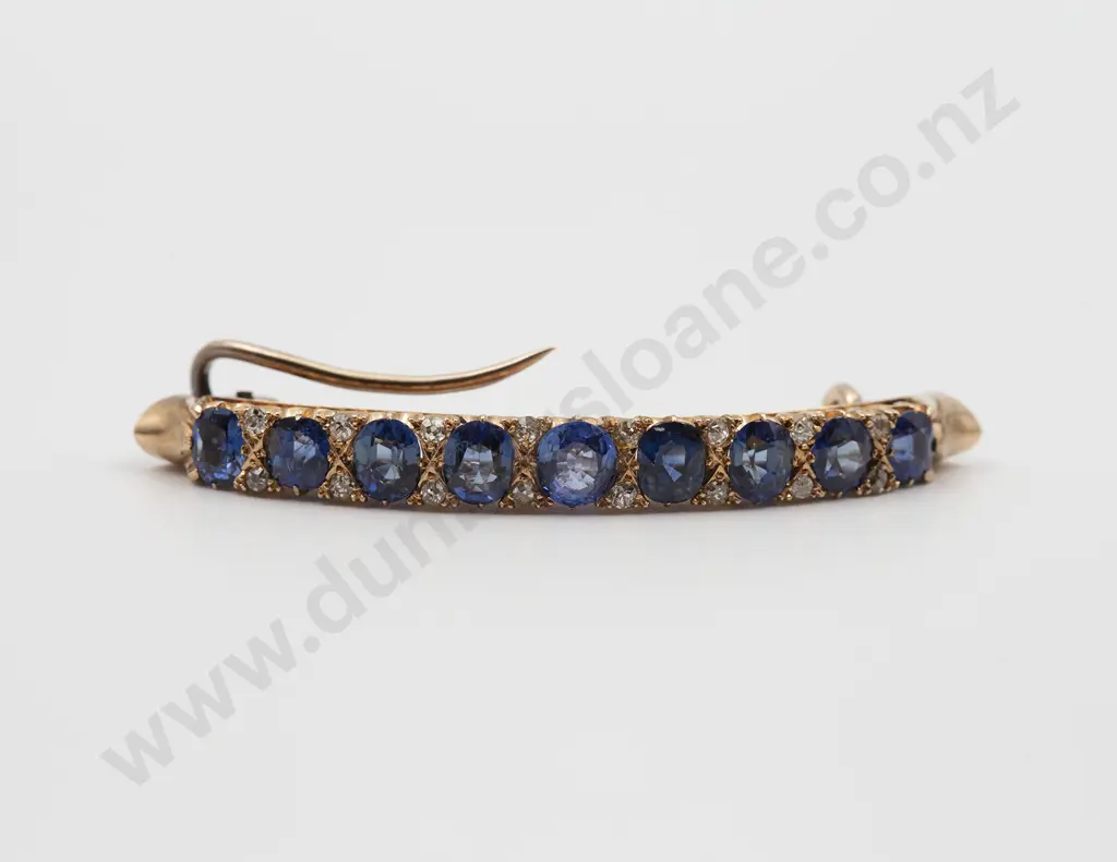 Edwardian 18ct Burmese Sapphire and Diamond Curve Bar Brooch Image 1++