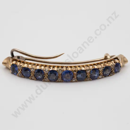 Edwardian 18ct Burmese Sapphire and Diamond Curve Bar Brooch