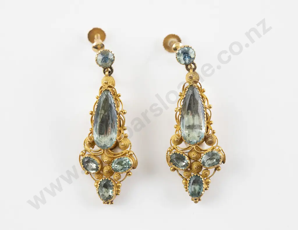 Pair 9ct Victorian Style Aquamarine Pendant Drop Earrings Image 1++