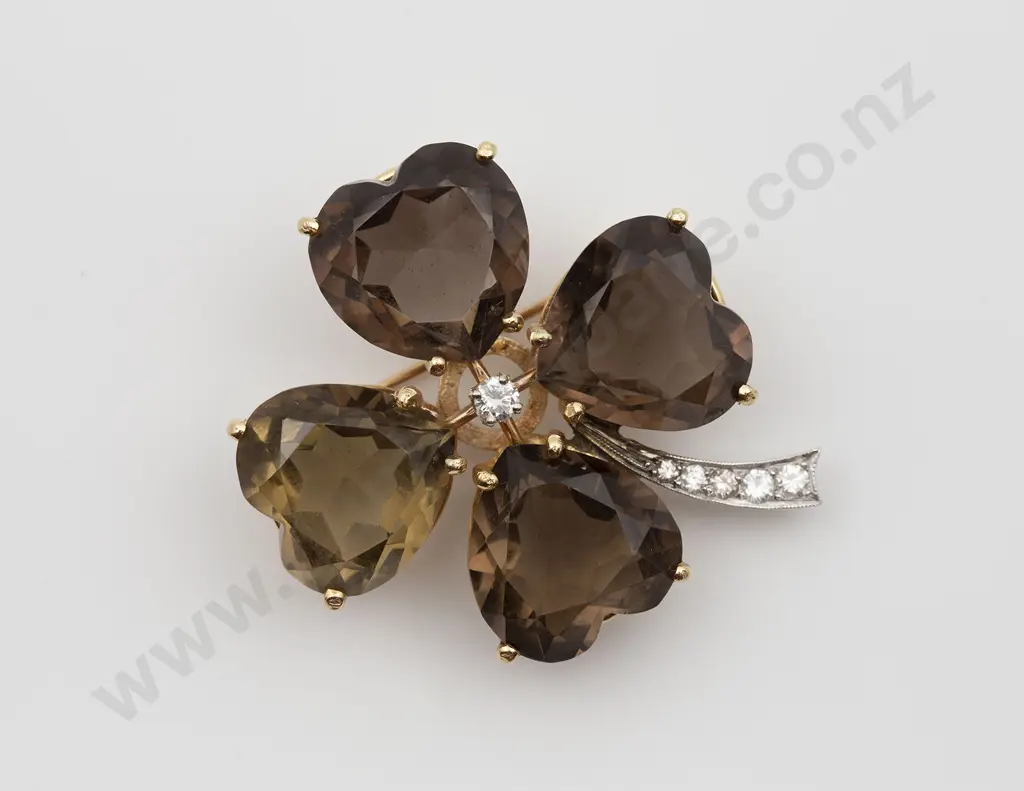 14ct Smokey Quartz Four Leaf Clover Brooch Image 1++