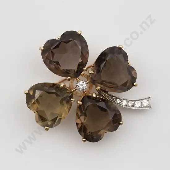 14ct Smokey Quartz Four Leaf Clover Brooch