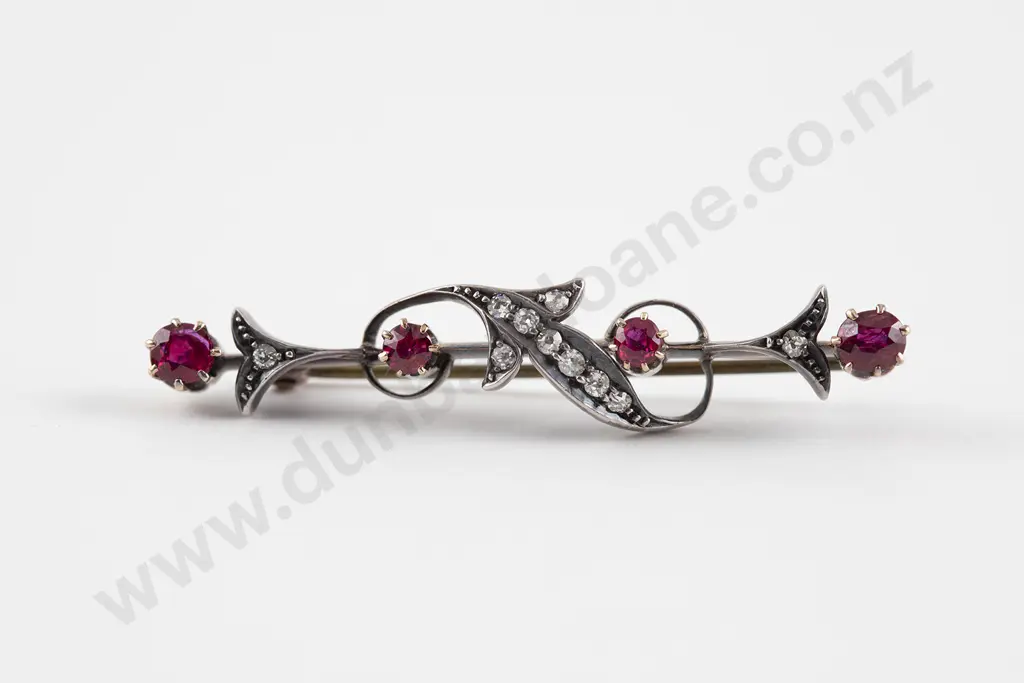 Boxed Victorian 9ct and Silver Ruby and Diamond Bar Brooch Image 1++