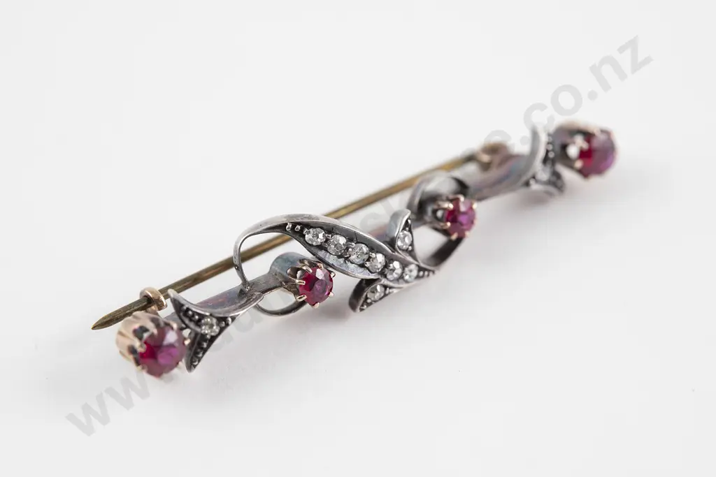 Boxed Victorian 9ct and Silver Ruby and Diamond Bar Brooch Image 1++