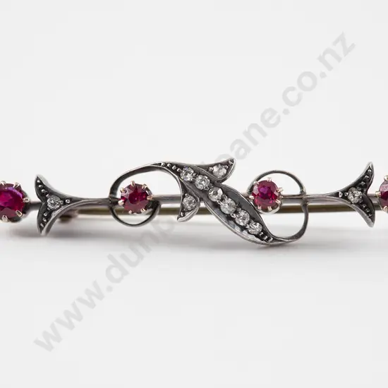 Boxed Victorian 9ct and Silver Ruby and Diamond Bar Brooch