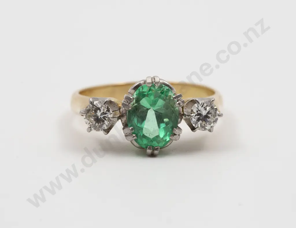 18ct Three Stone Emerald and Diamond Bridge Ring Image 1++