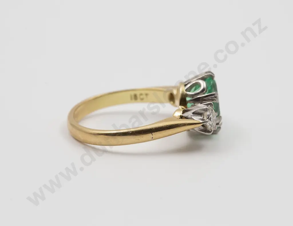 18ct Three Stone Emerald and Diamond Bridge Ring Image 1++