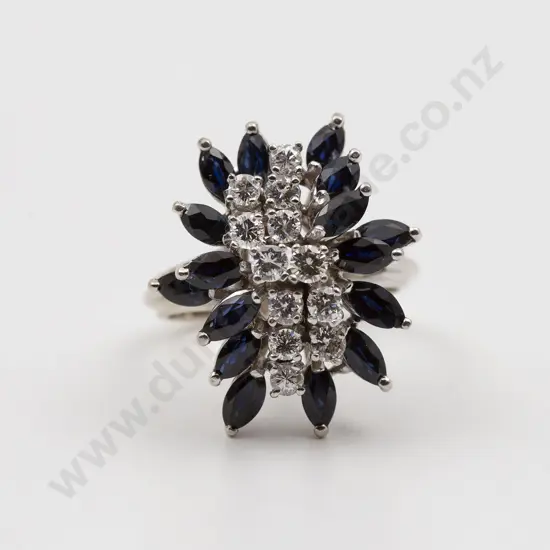 18ct White Gold 27stone Sapphire and Diamond Princess Style Cluster Ring