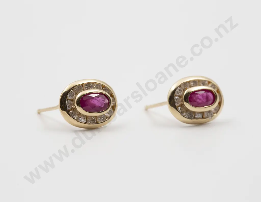 Pair 14ct Ruby and Diamond Stud Cluster Earrings Image 1++