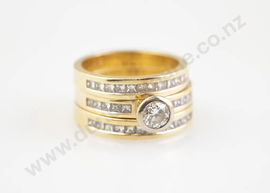 Trio 18ct Solitaire Diamond Ring and Two Diamond Wedding Bands Image 1++