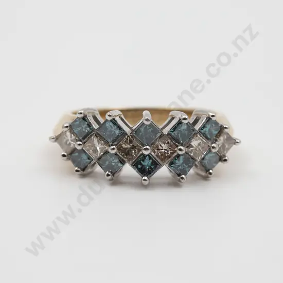 14ct White Gold 16stone Blue and White Diamond Fancy Bridge Ring