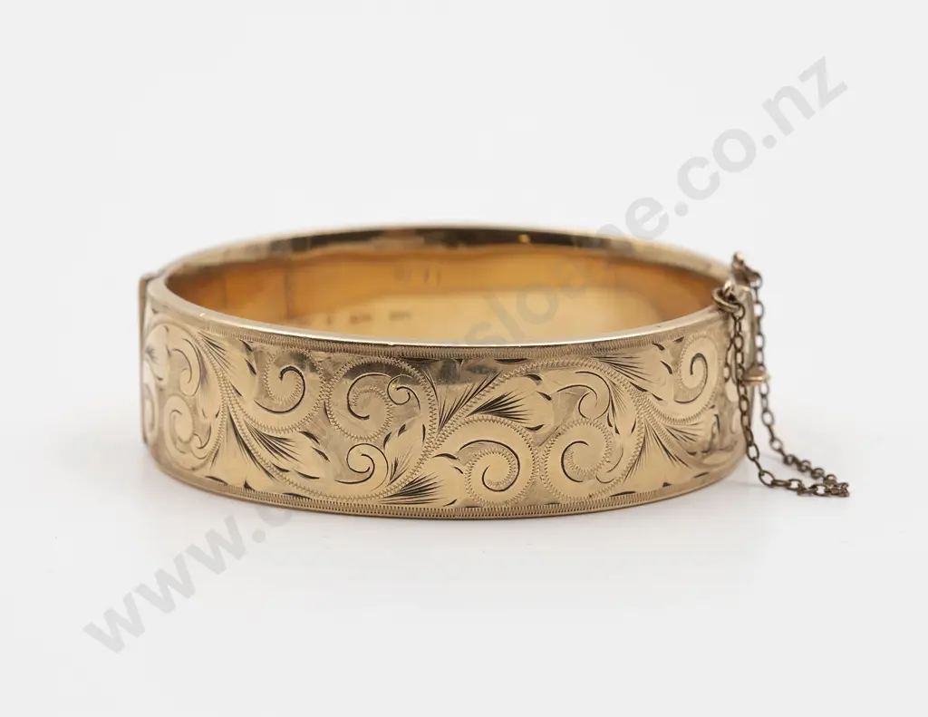 9ct Wide Half Engraved Hinged Snap Bangle Image 1++