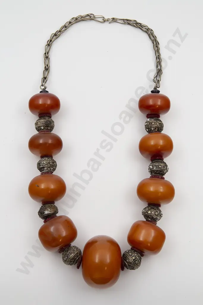 Antique North African Copal Amber and Metal Bead Necklace Image 1++