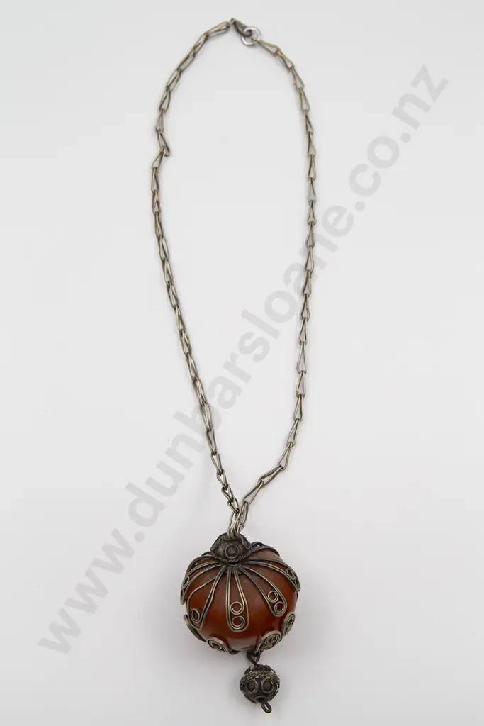 Antique North African Single Copal Amber and Metal Necklace Image 1++