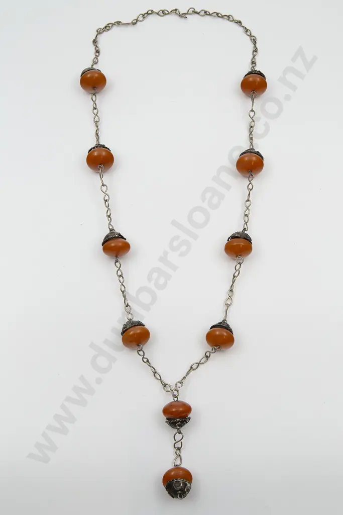 Antique North African Copal Amber Bead and Metal Necklace Image 1++