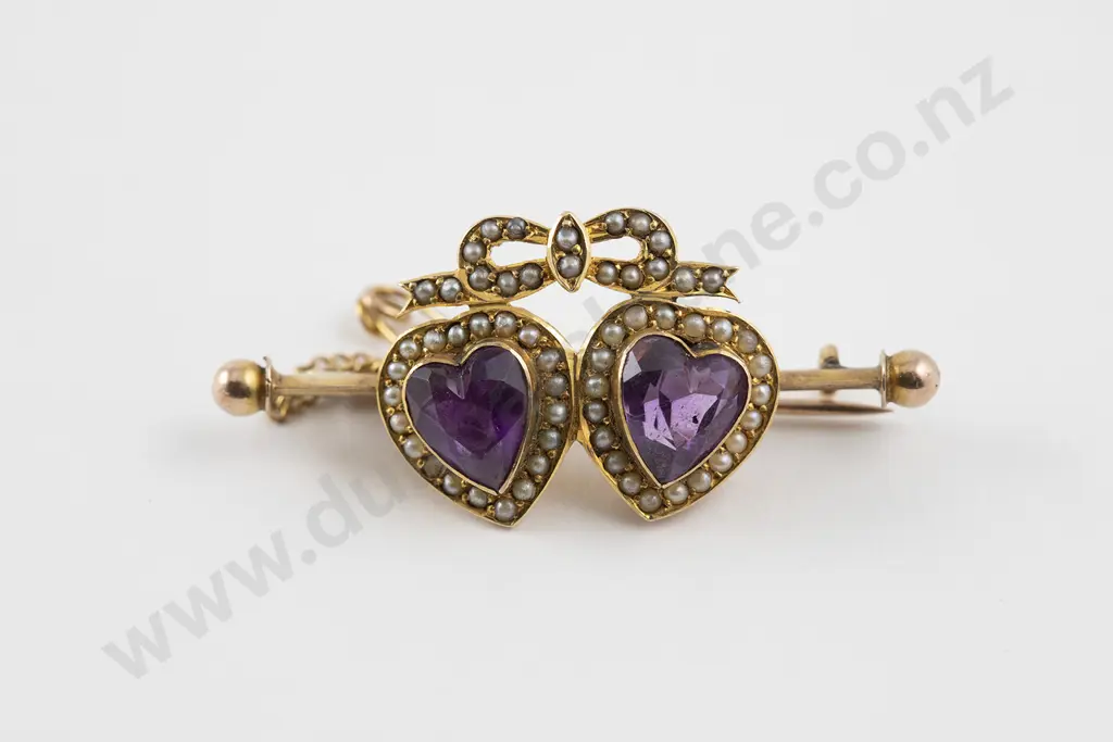 Late Victorian 9ct 'SweetHeart' Amethyst and Pearl Bar Brooch Image 1++