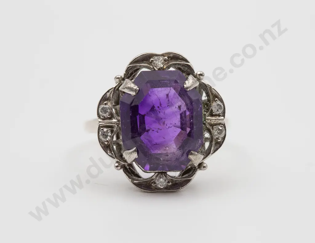 14ct White Gold Single Amethyst and Diamond Dress Ring Image 1++