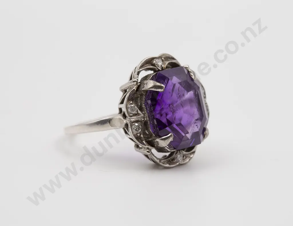 14ct White Gold Single Amethyst and Diamond Dress Ring Image 1++