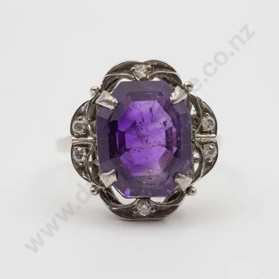 14ct White Gold Single Amethyst and Diamond Dress Ring