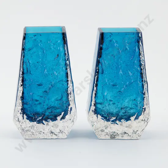 Pair Whitefriars Kingfisher Blue Coffin Vases