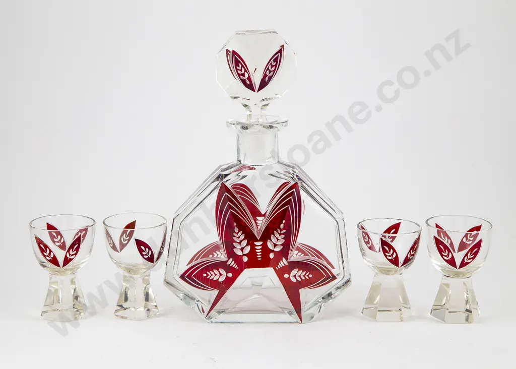 Art Deco Bohemian Glass Decanter and Four Goblets Image 1++
