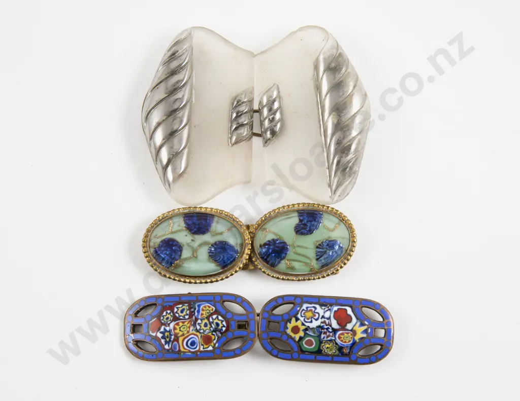 Three Art Deco Czech Enamel Glass and Metal 2pce Buckles Image 1++